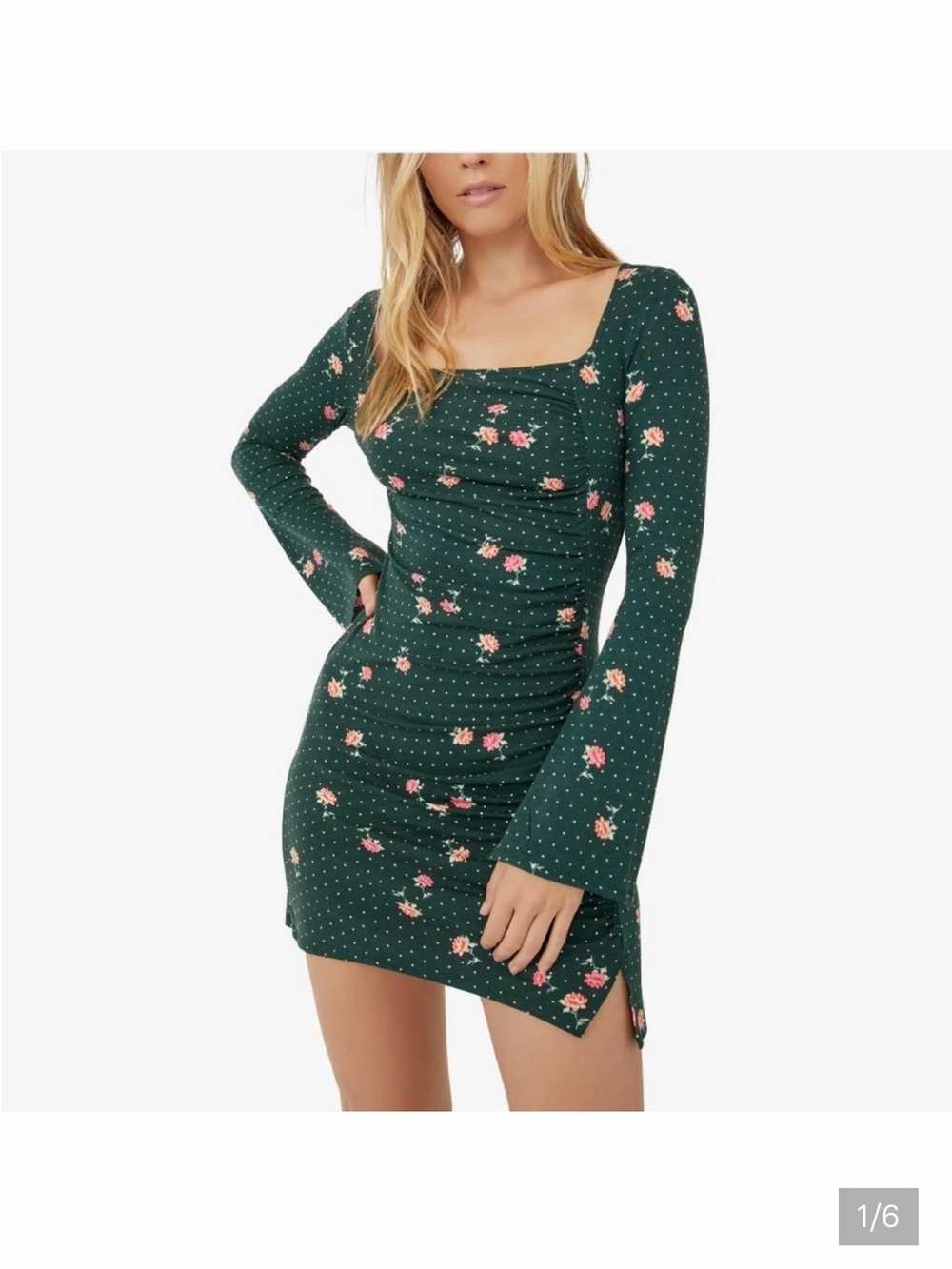 Free People Dark Green Floral Long-Sleeve Keyhole Mini Dress